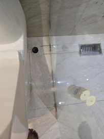 The hole in the floor is where the toilet paper holder should be. Looks like it was intentionally removed.