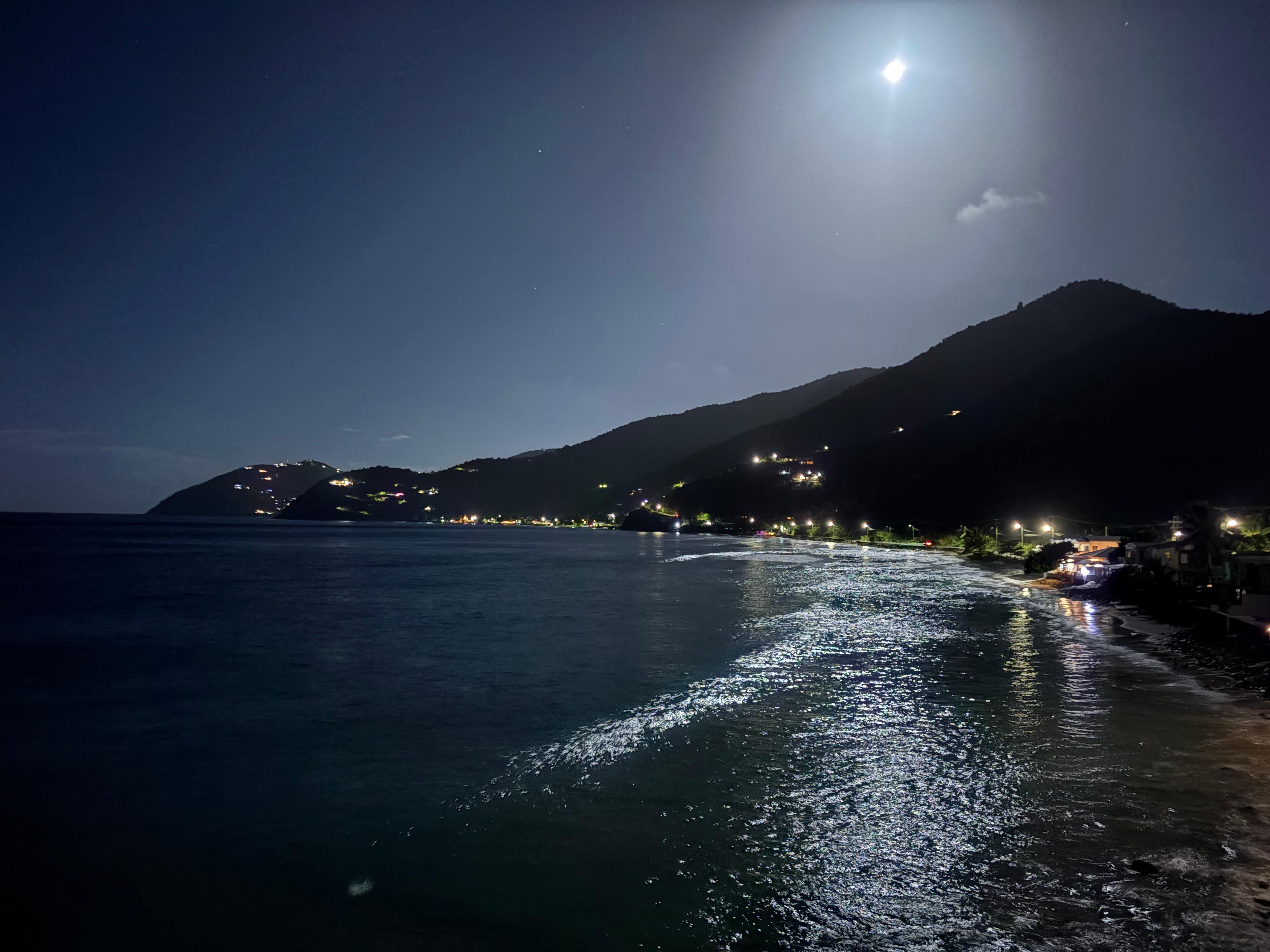 Full moon over Apple Bay from our balcony. 