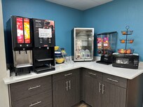 Expired milk, broken coffee machine. Disgusting and a health hazard.