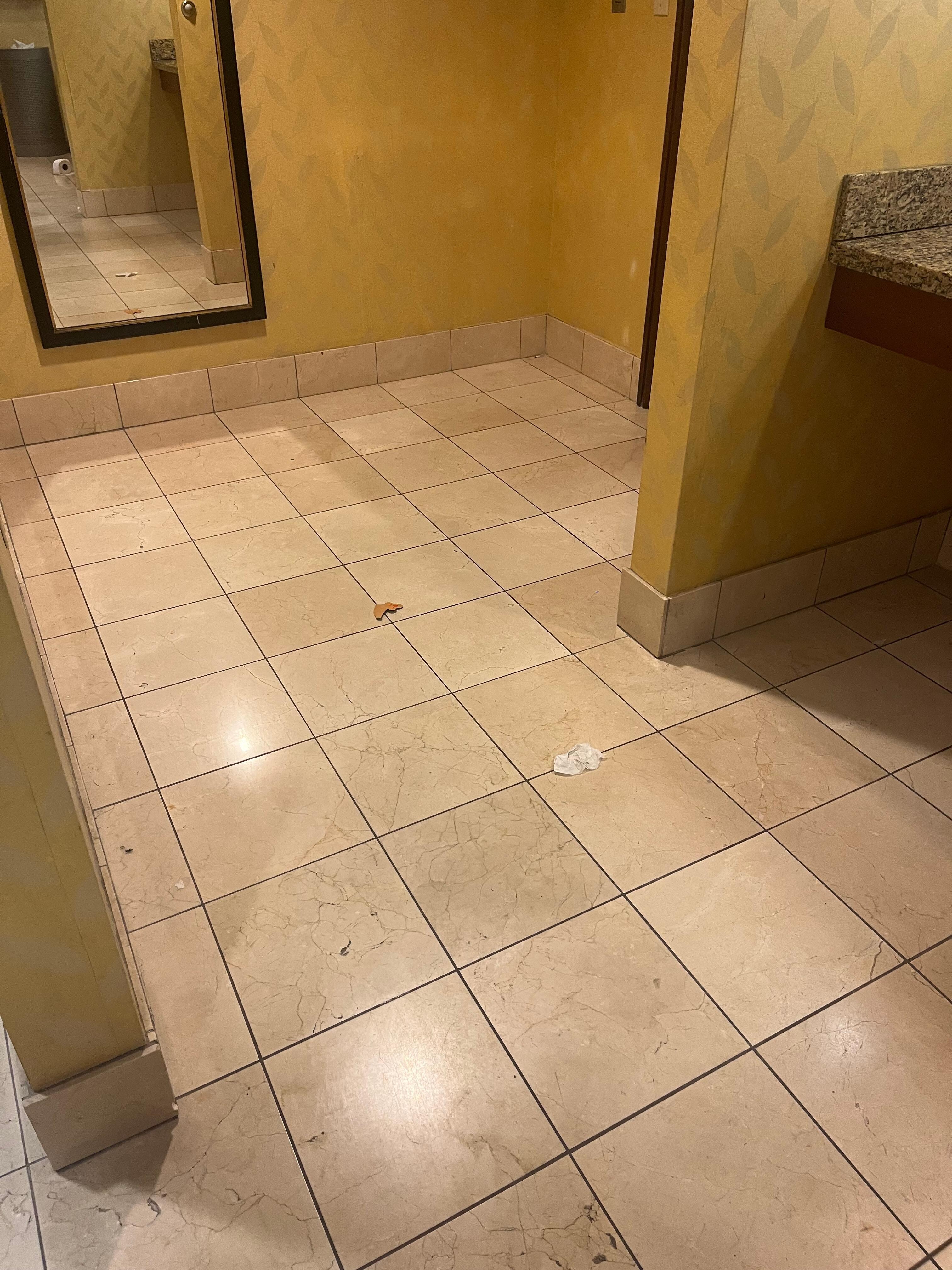 Filthy bathroom floors and overall dirty.
