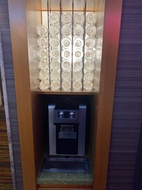Reusable water fountain with refillable bottles.