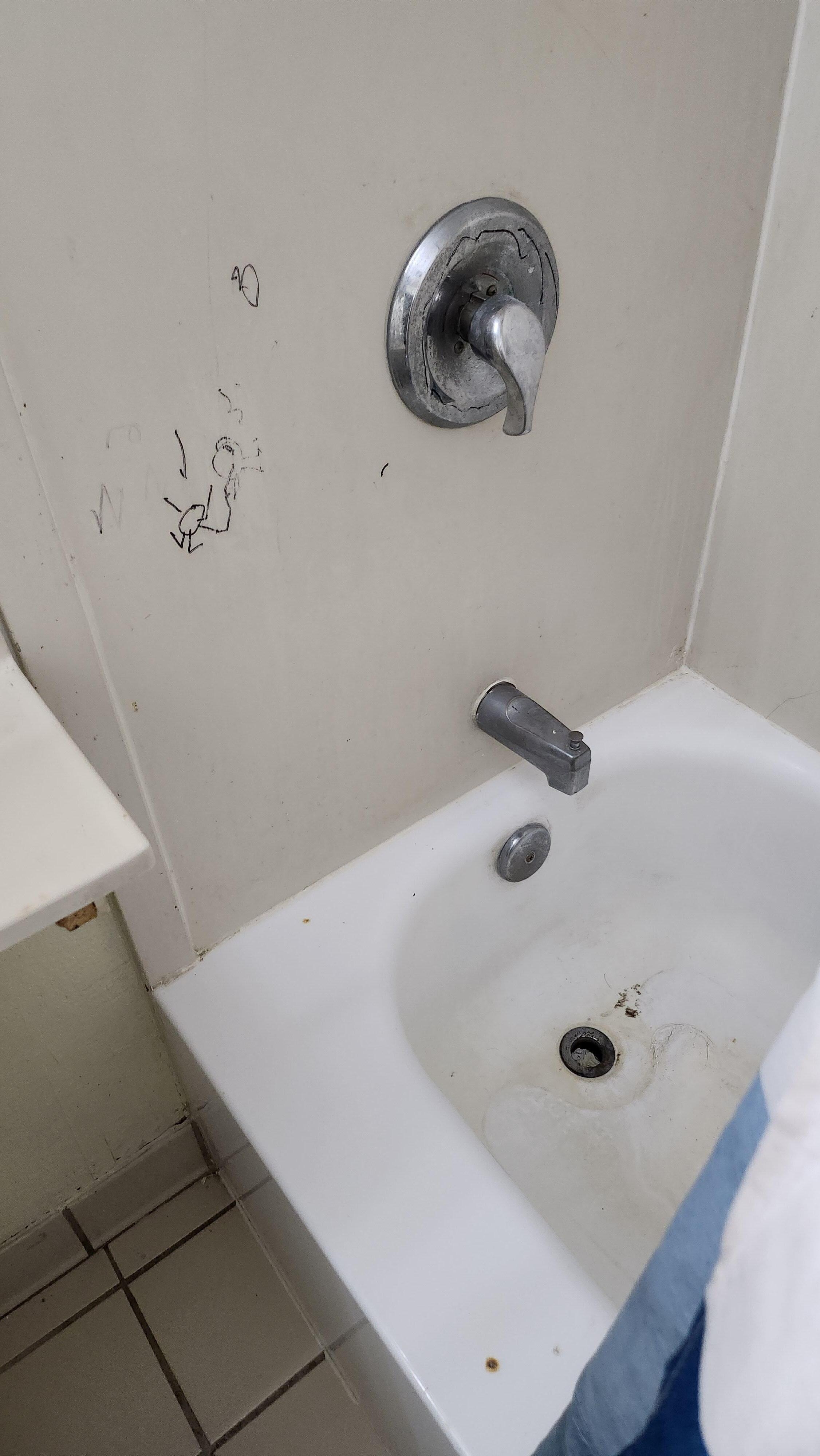 The bathroom wall and tub