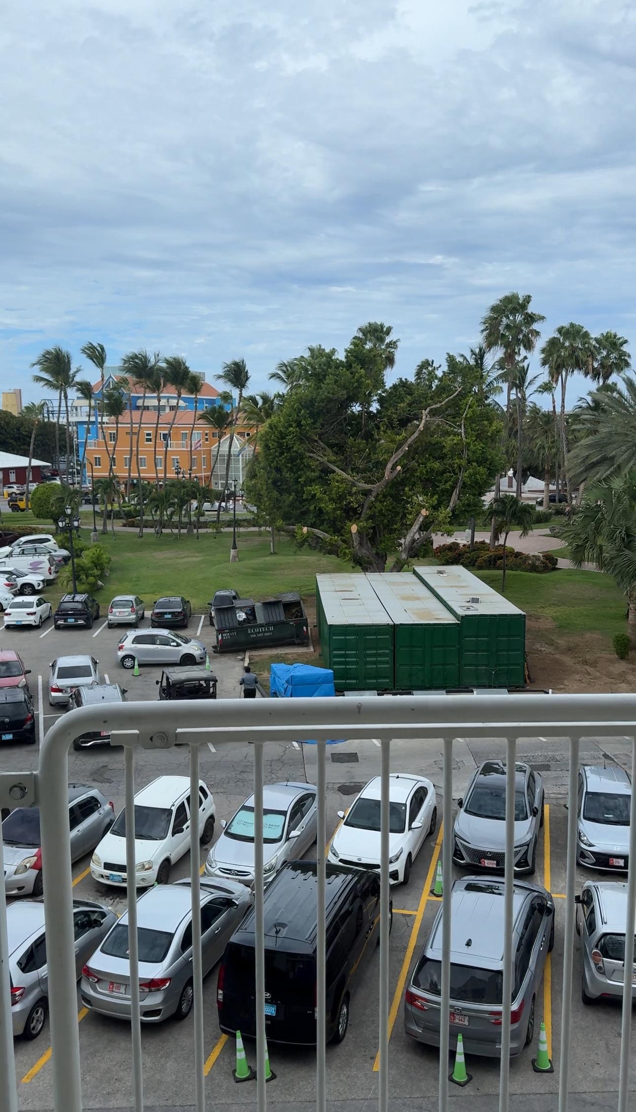 This was our view from the balcony. The view of garbage bins and cars