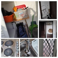 Wäschekammer, Kleiderschränke, Herd, Spüle und Küchentür