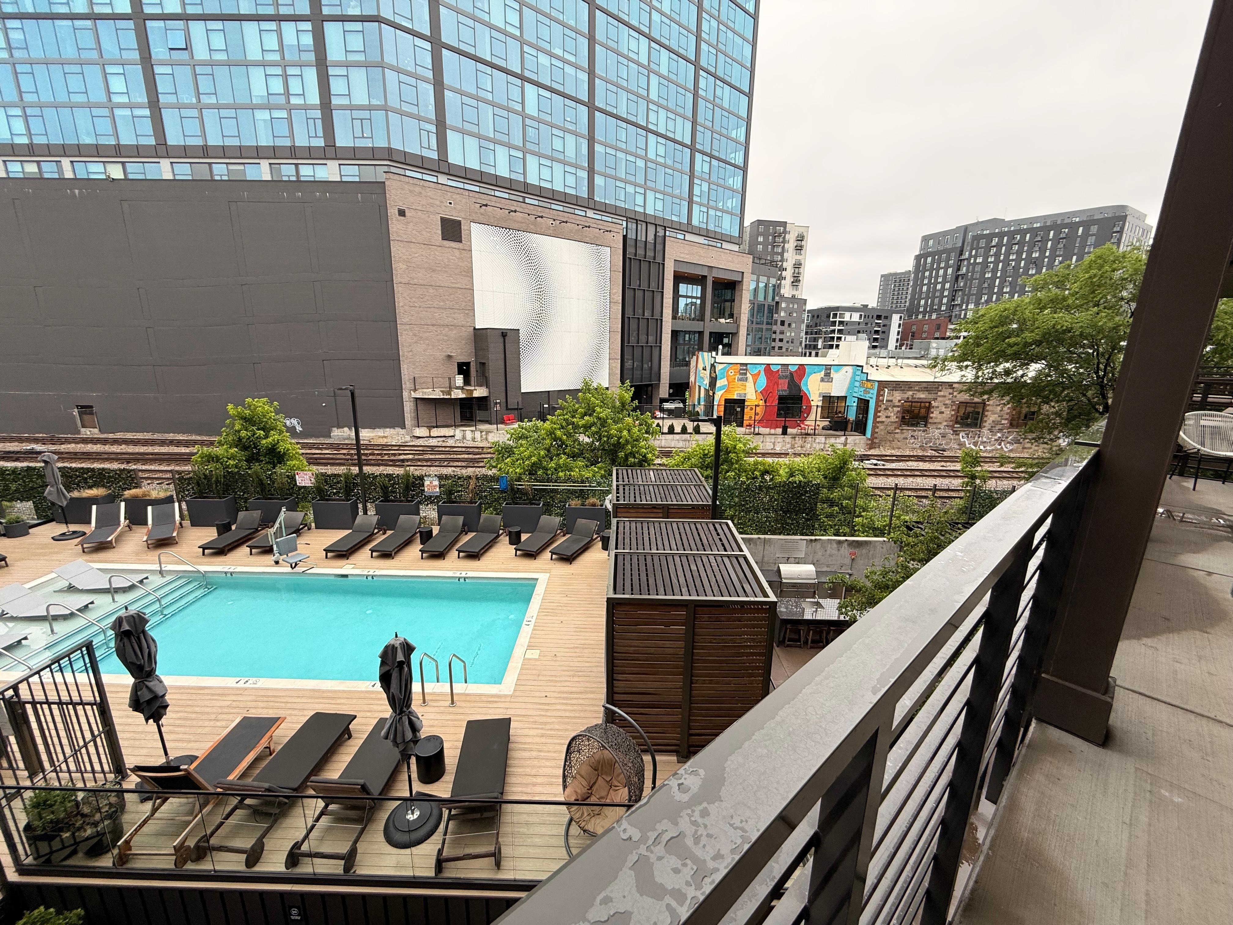 Pool view, note that the busy train tracks run parallel with the pool 