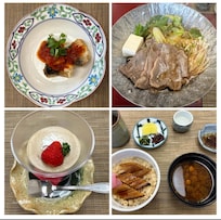 Photos of their Sukiyaki, Barracuda, Eel & Red Miso Soup, and Strawberry Mouse dessert.