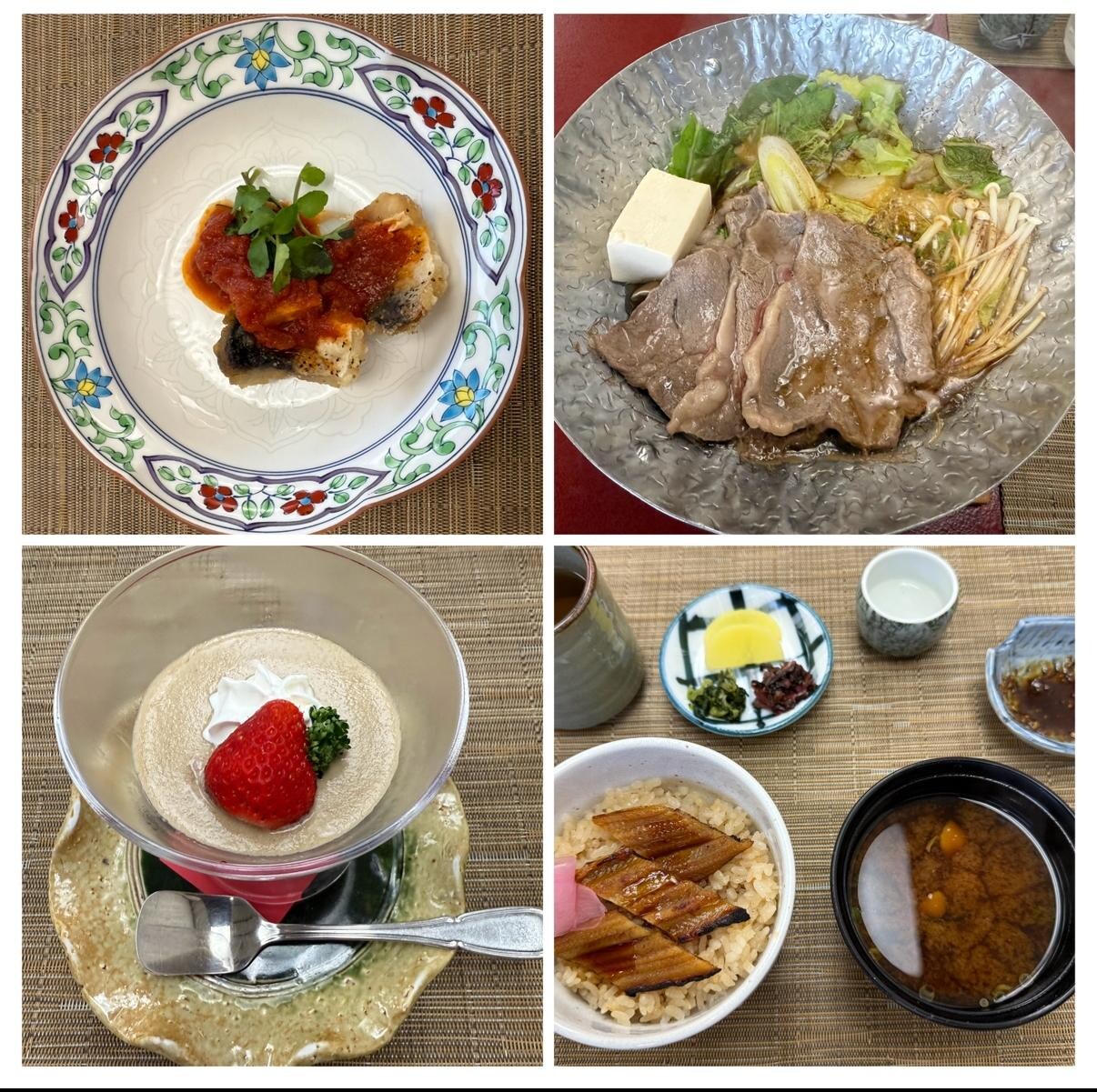 Photos of their Sukiyaki, Barracuda, Eel & Red Miso Soup, and Strawberry Mouse dessert.