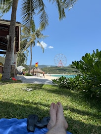 On the beach, we’ll just behind the beach on the grass between the pool and the beach.