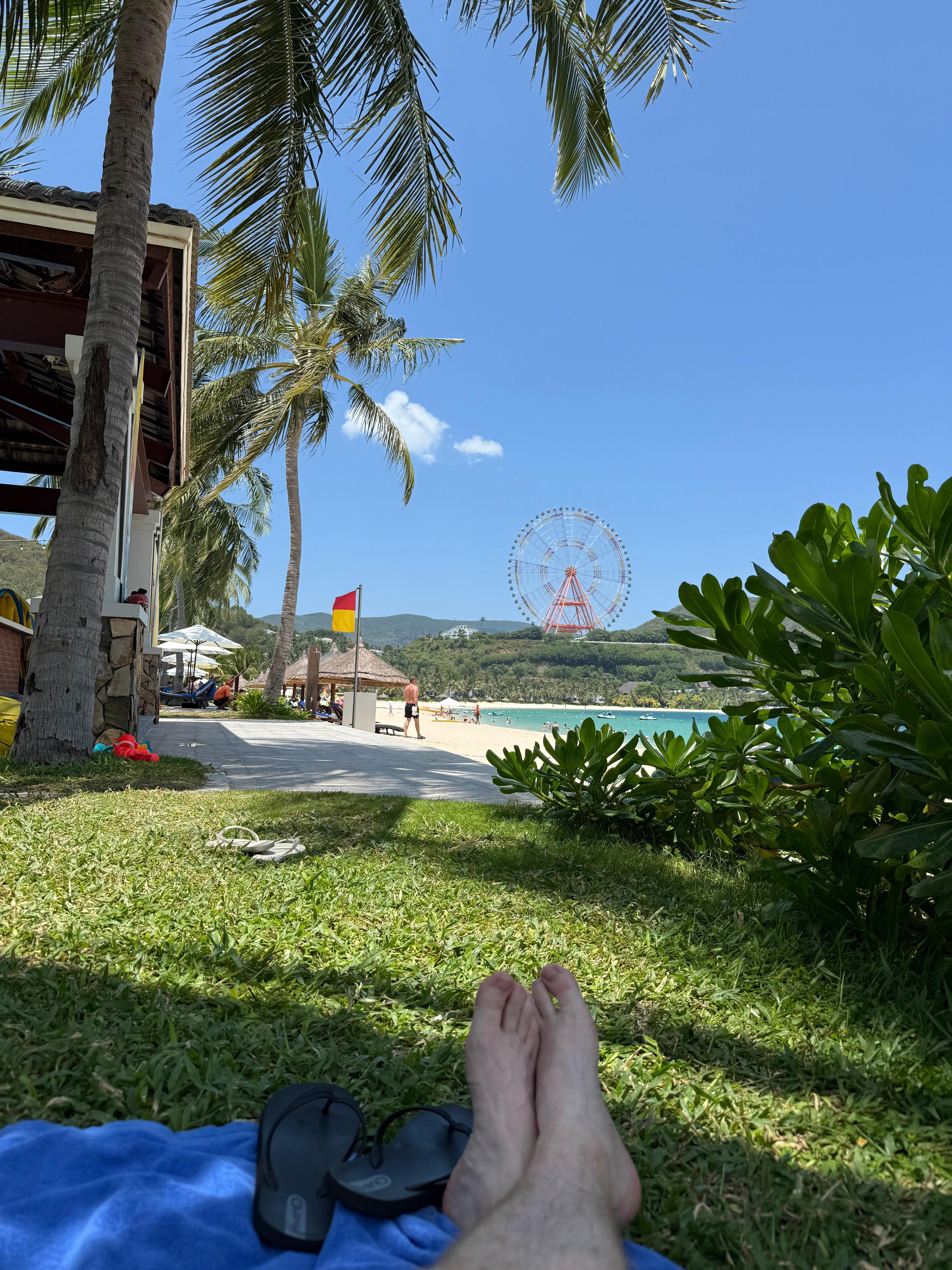 On the beach, we’ll just behind the beach on the grass between the pool and the beach. 