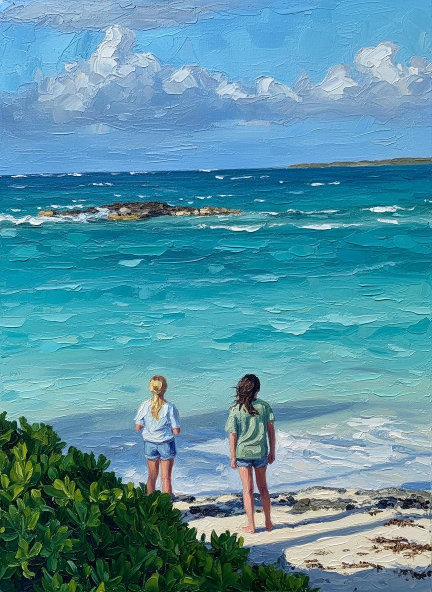 On the beach in front of the house. 