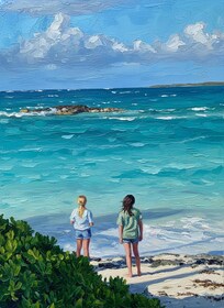 On the beach in front of the house.