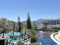 View of the pools and beach from our balcony