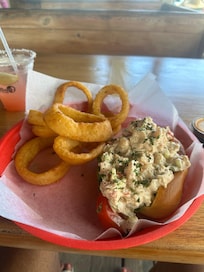 Shrimp and clam hoagie with onion rings