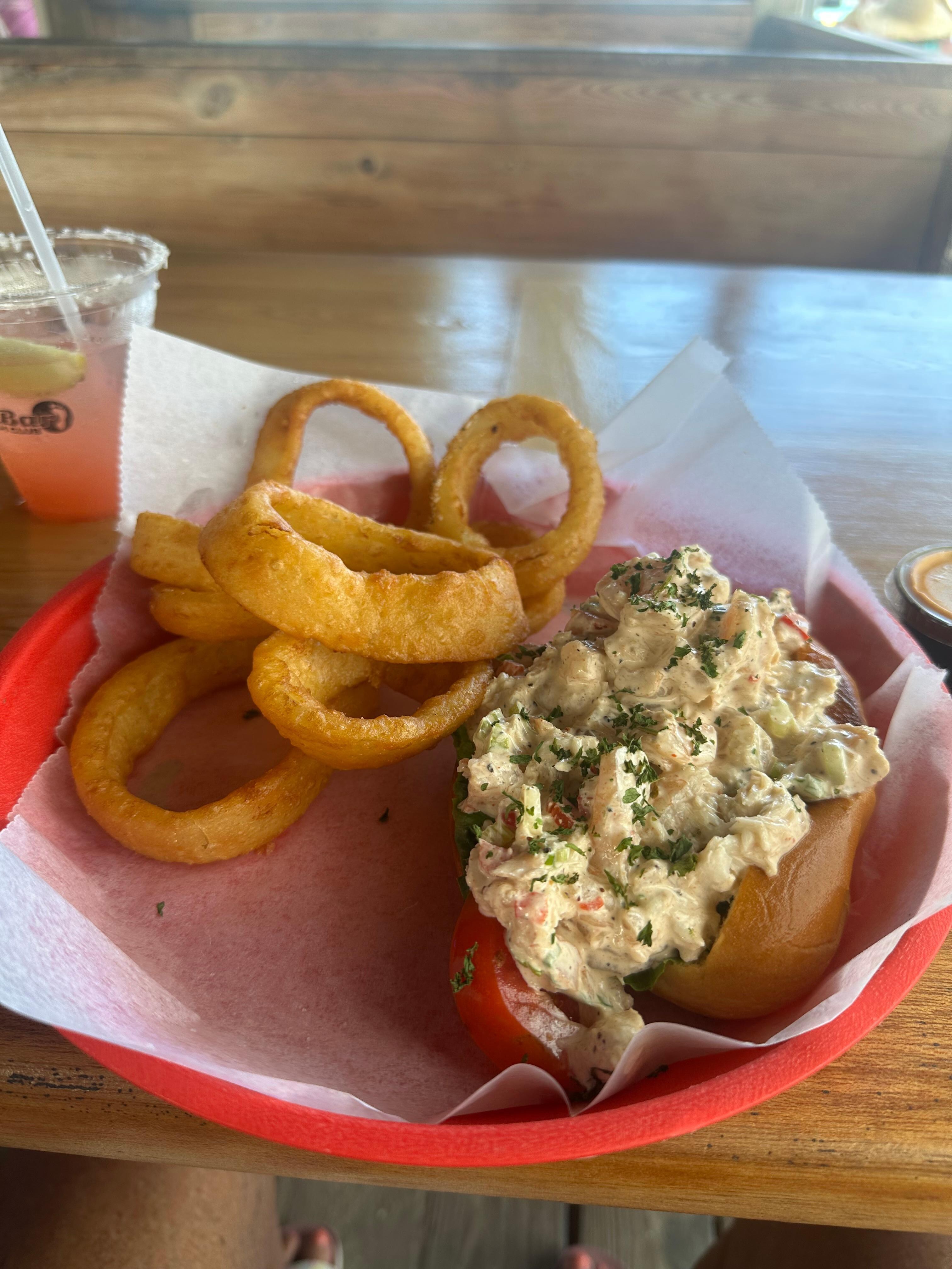 Shrimp and clam hoagie with onion rings