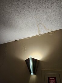 Hallway to room- water damage on ceiling. This was everywhere.