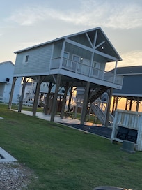 Pulling up to the beach house at sunset.