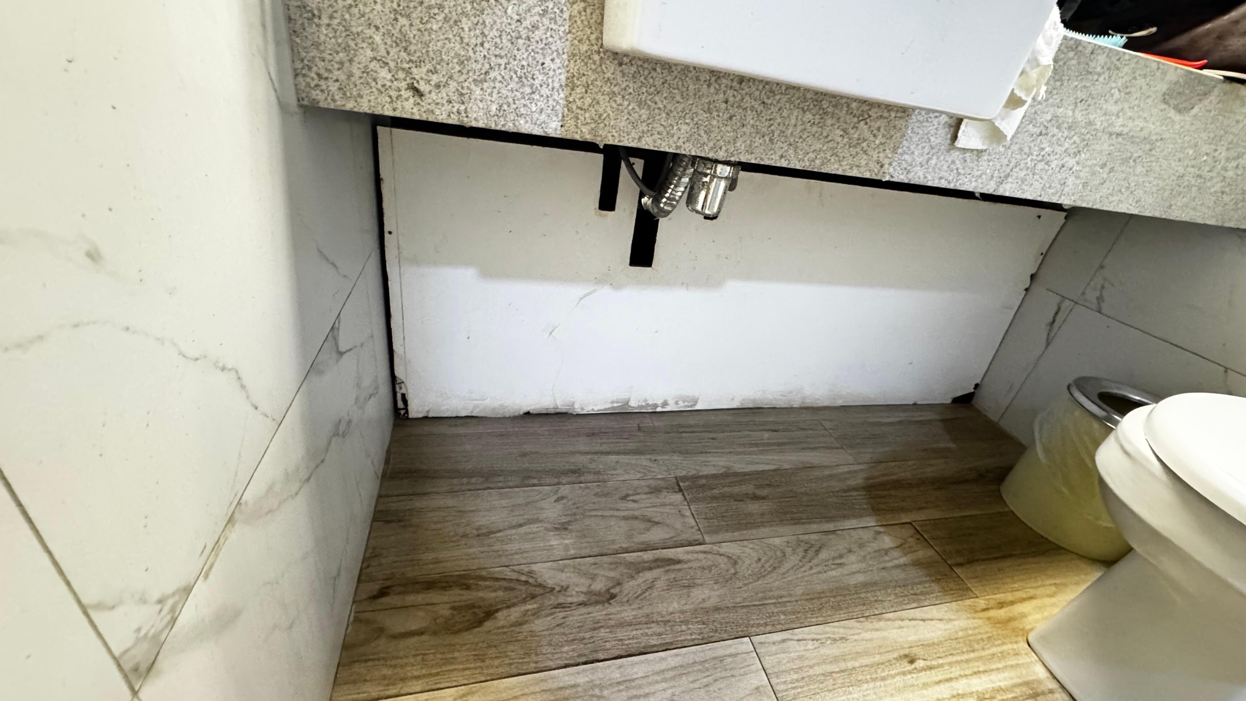 Banheiro mal cuidado, barata no buraco embaixo da pia