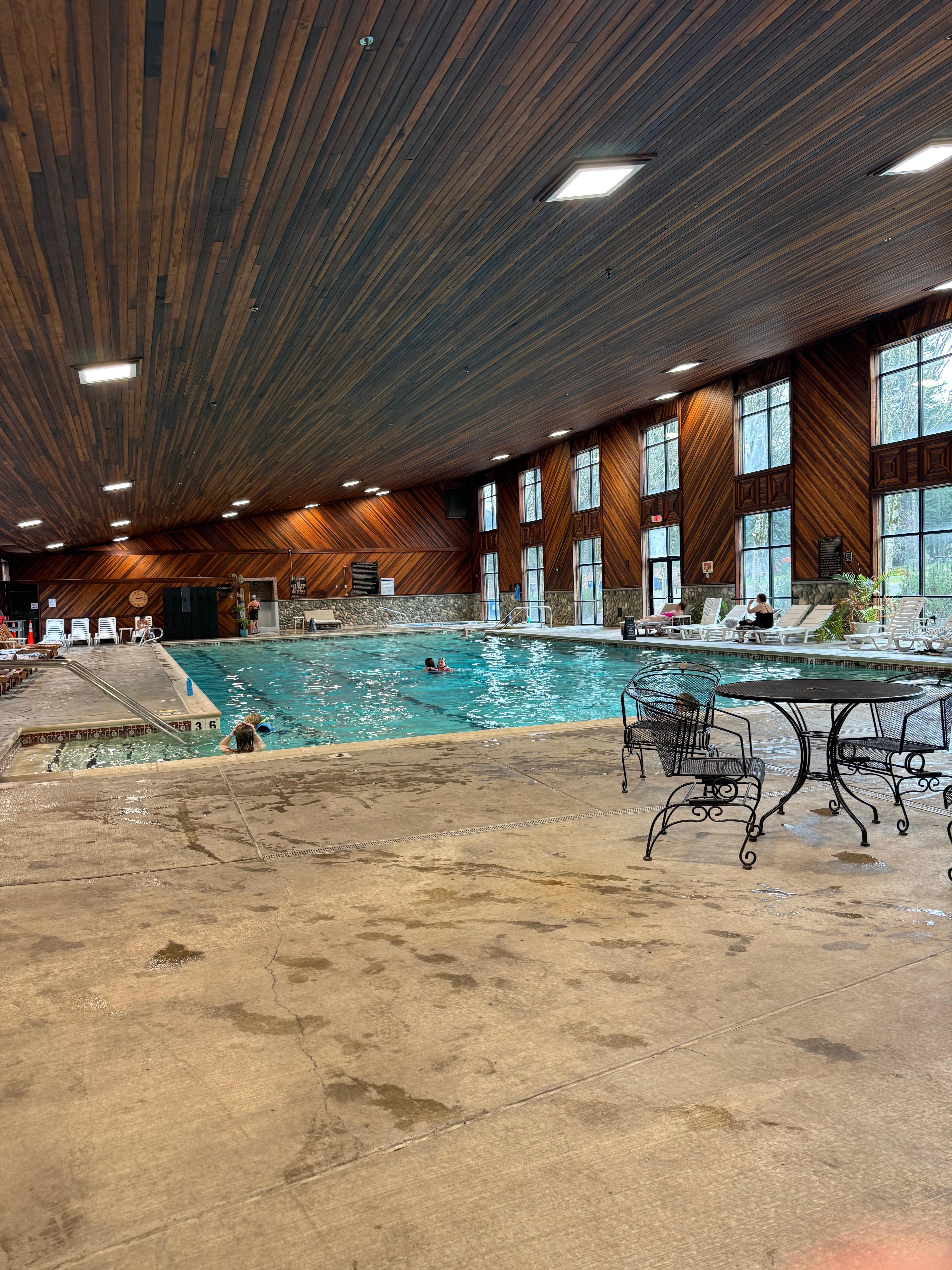 Indoor pool, with sauna at the far wnd