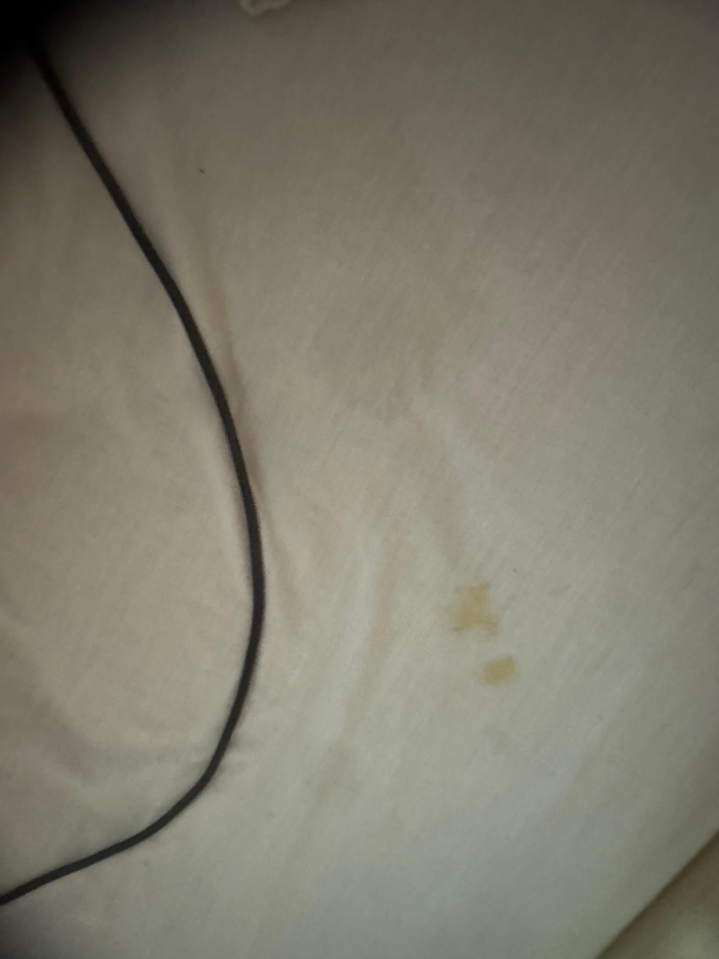 Stains on sheet from the first night. I don’t know how they could not see these stains when making a bed. 