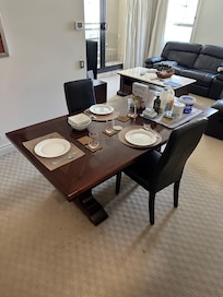 2 chairs, 3 glasses, 2 sort of bowls..
It was a 2 bed 4 persons apartment with a supplies and seating sharing game…