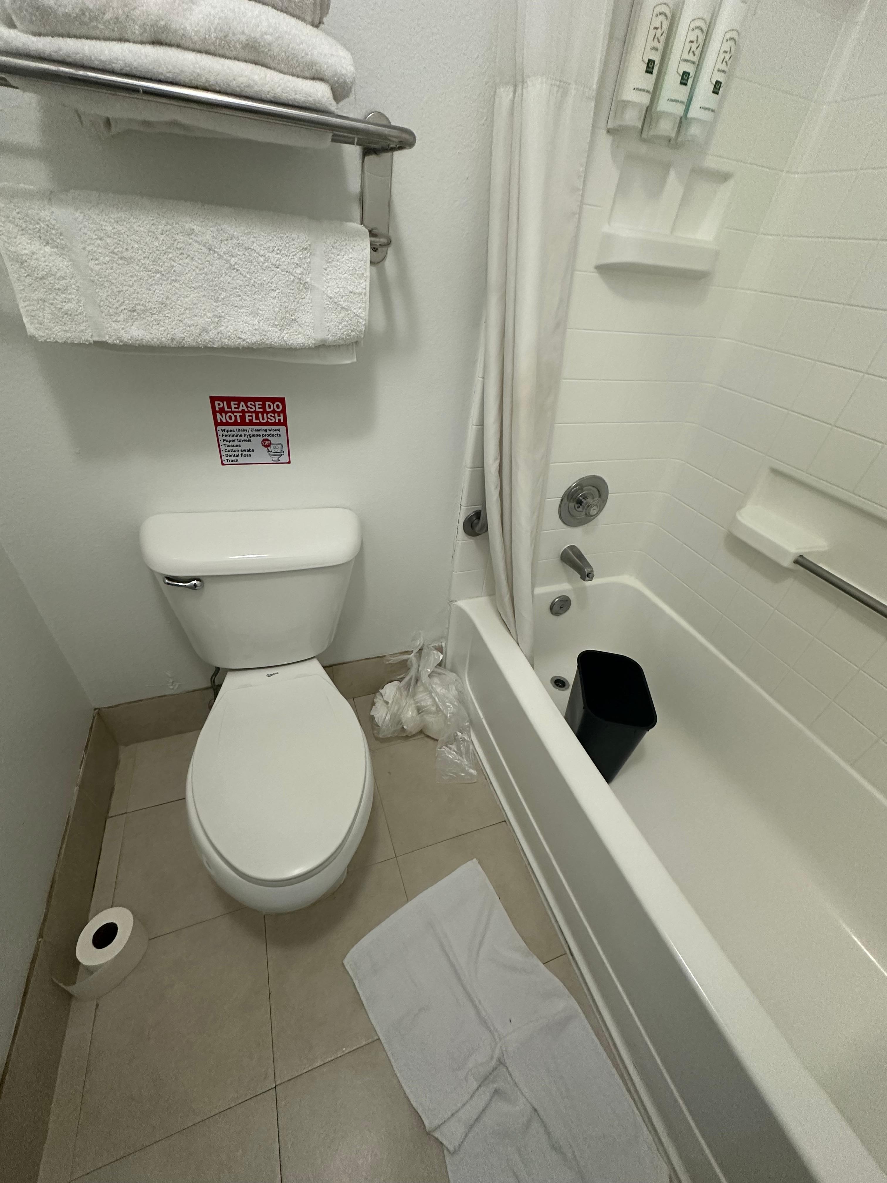 Broken toilet, had to use a bucket full of water to flush the toilet