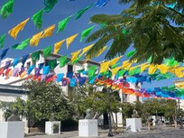 The old town square, decorated for the Thursday night Art Walk