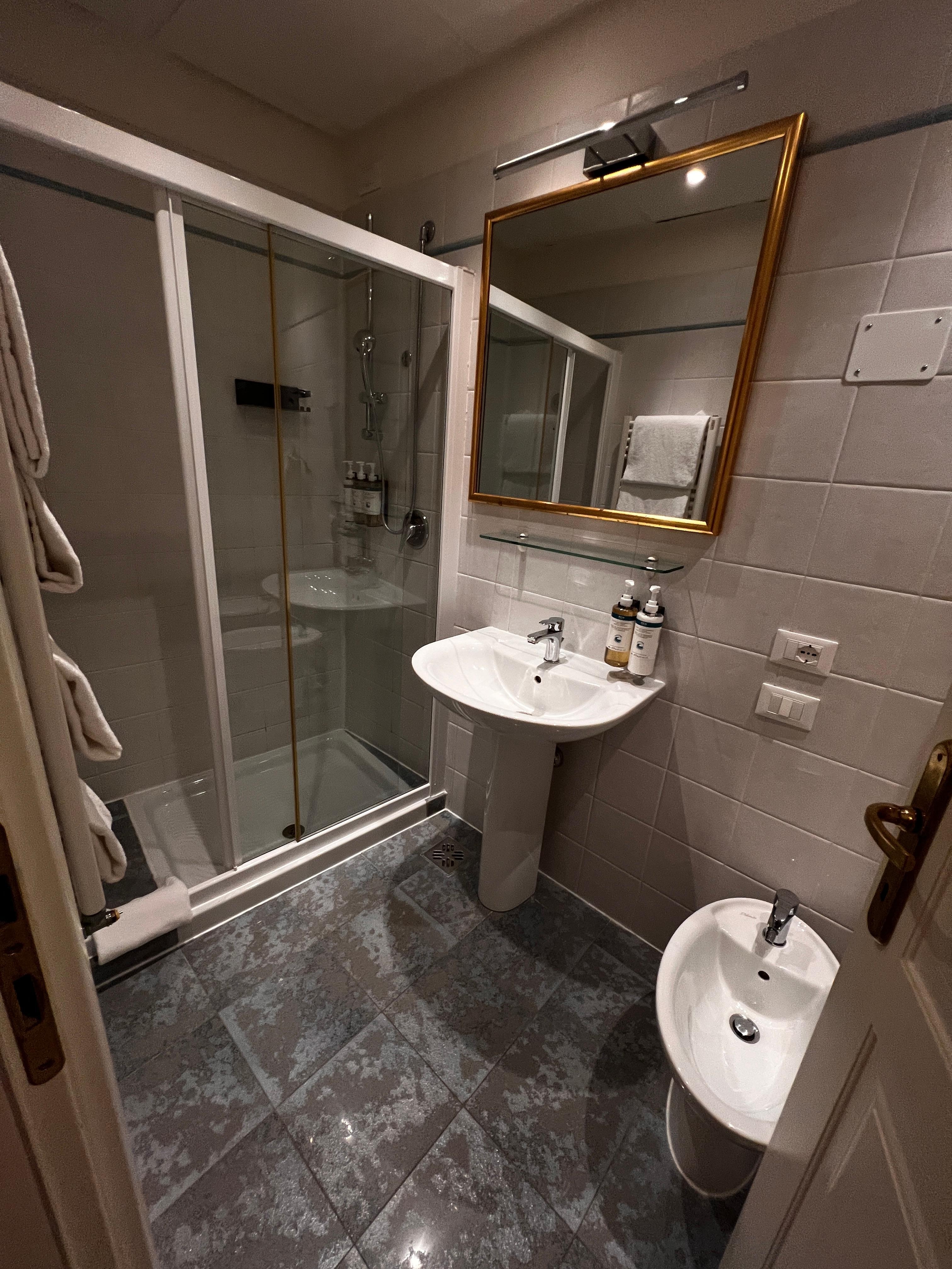 Bathroom was great, especially the water pressure. Could have used more room to spread things out.