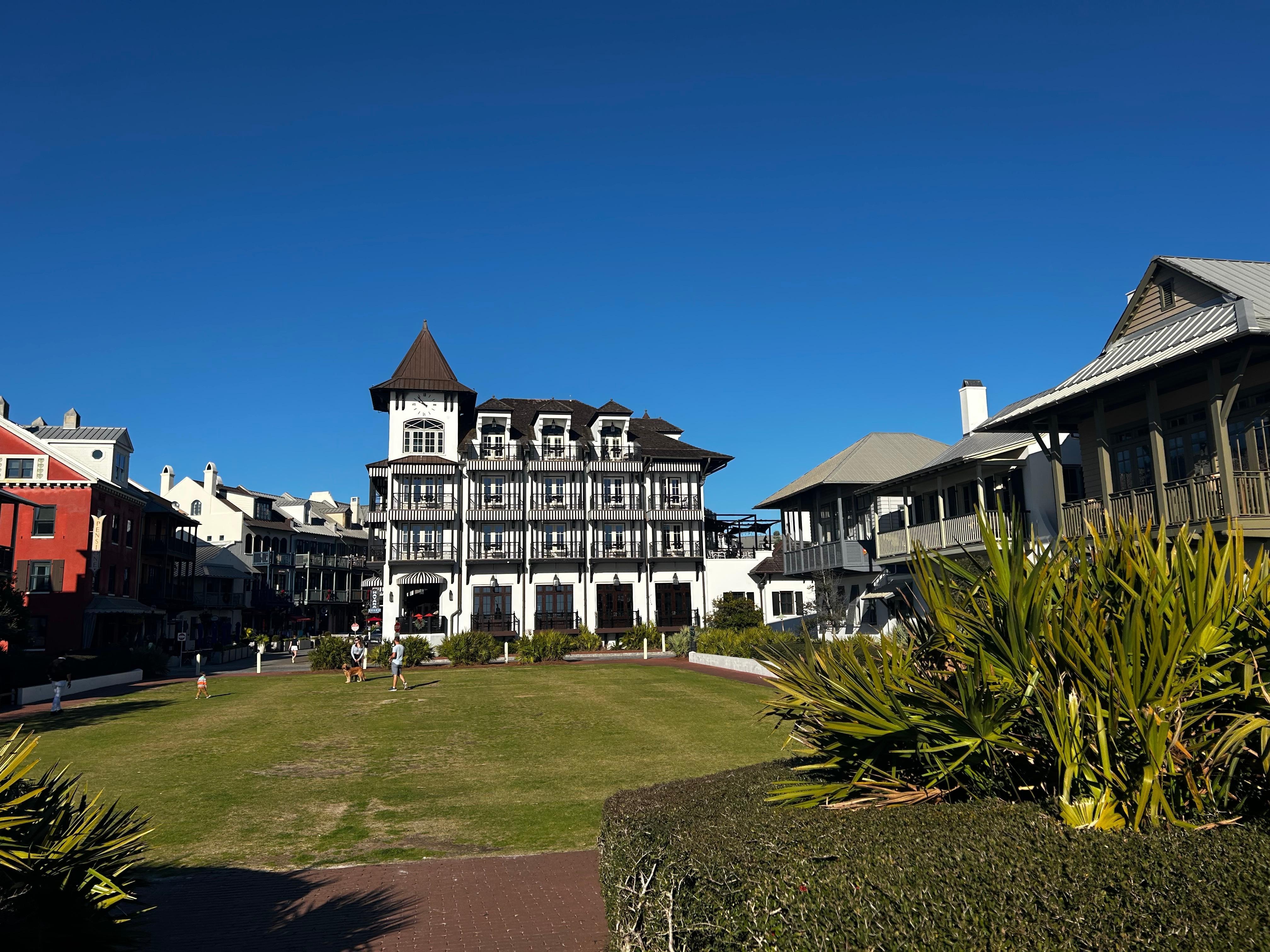 Hotel viewed from beach entrance.