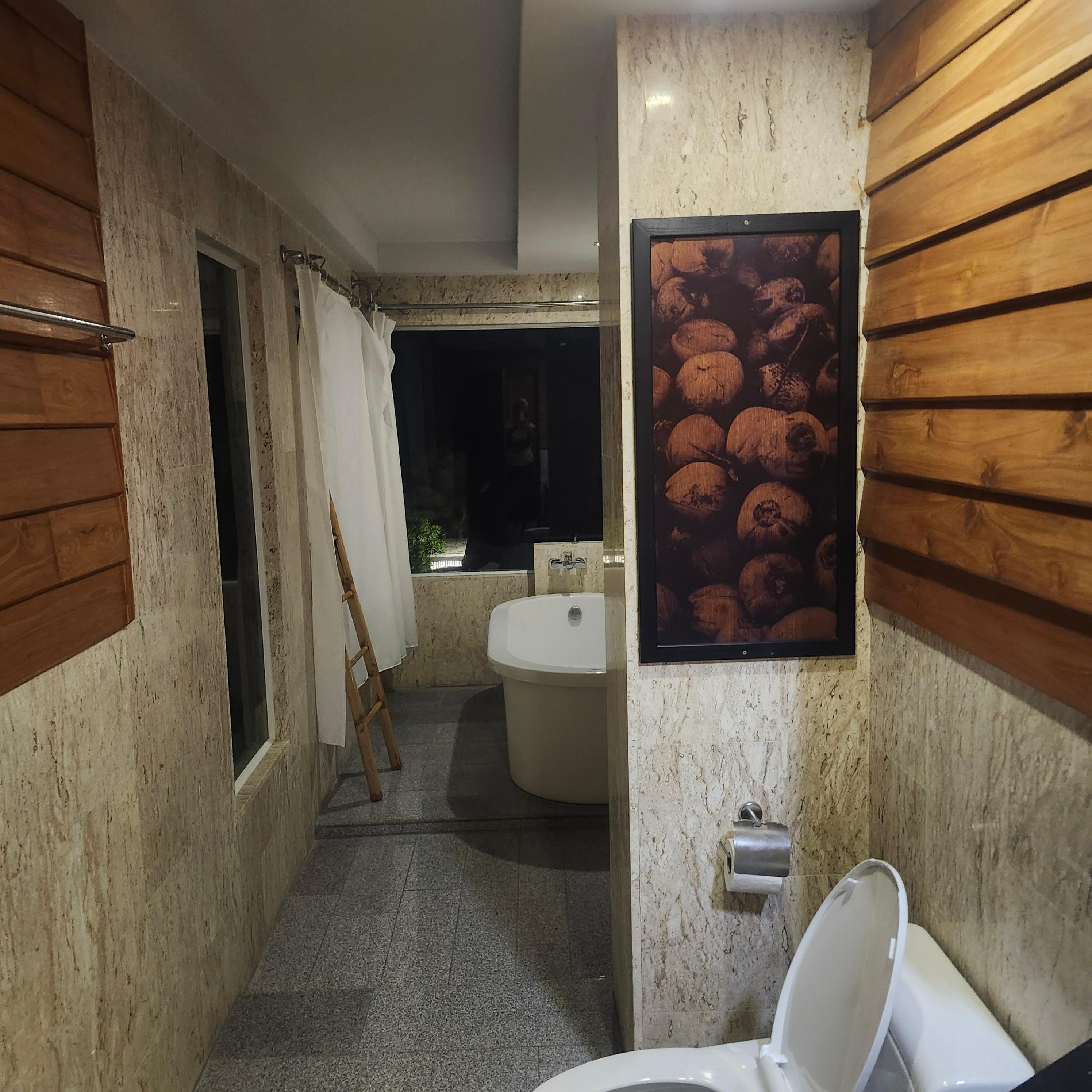 bathroom. like that it had a curtain just in case there was walkers on the beach but two would of been easier to work.  