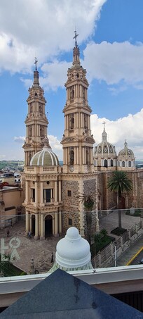 View from a rooftop restaurant. 1 of several churches in Tepatitlan
