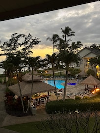 View from our lanai. Iâm so glad we had the ocean view and the pool view.