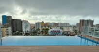 View of American Village from the rooftop infinity pool.