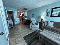 Living area with picnic-style table to eat at