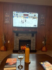 The cozy fireplace was so nice and the streaming on the tv worked perfectly to watch my other son’s hockey game back home.