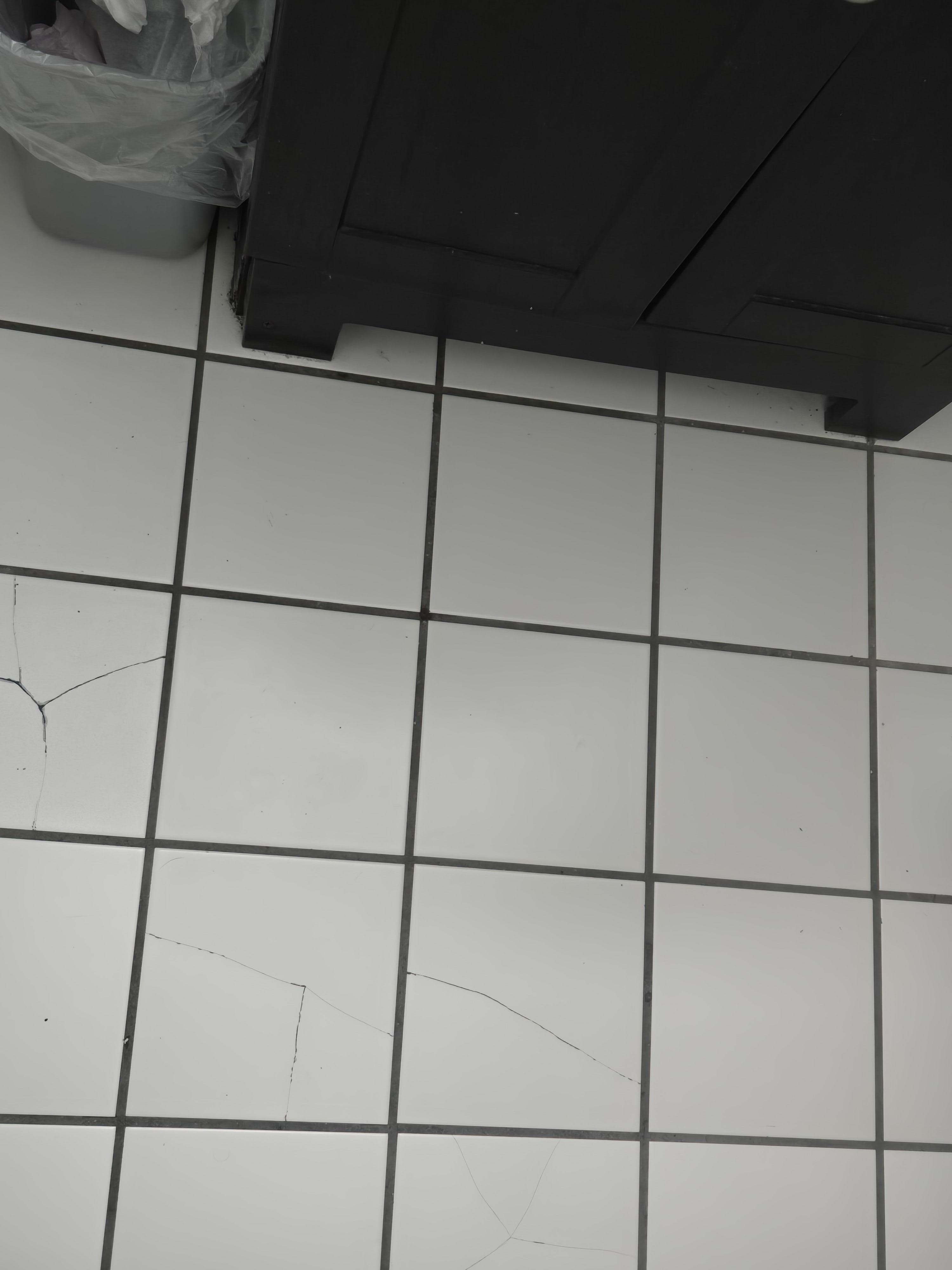 The bathroom floor tiles that are broken