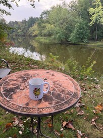 Morning coffee by the water.