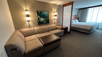 Spacious room with seating area.