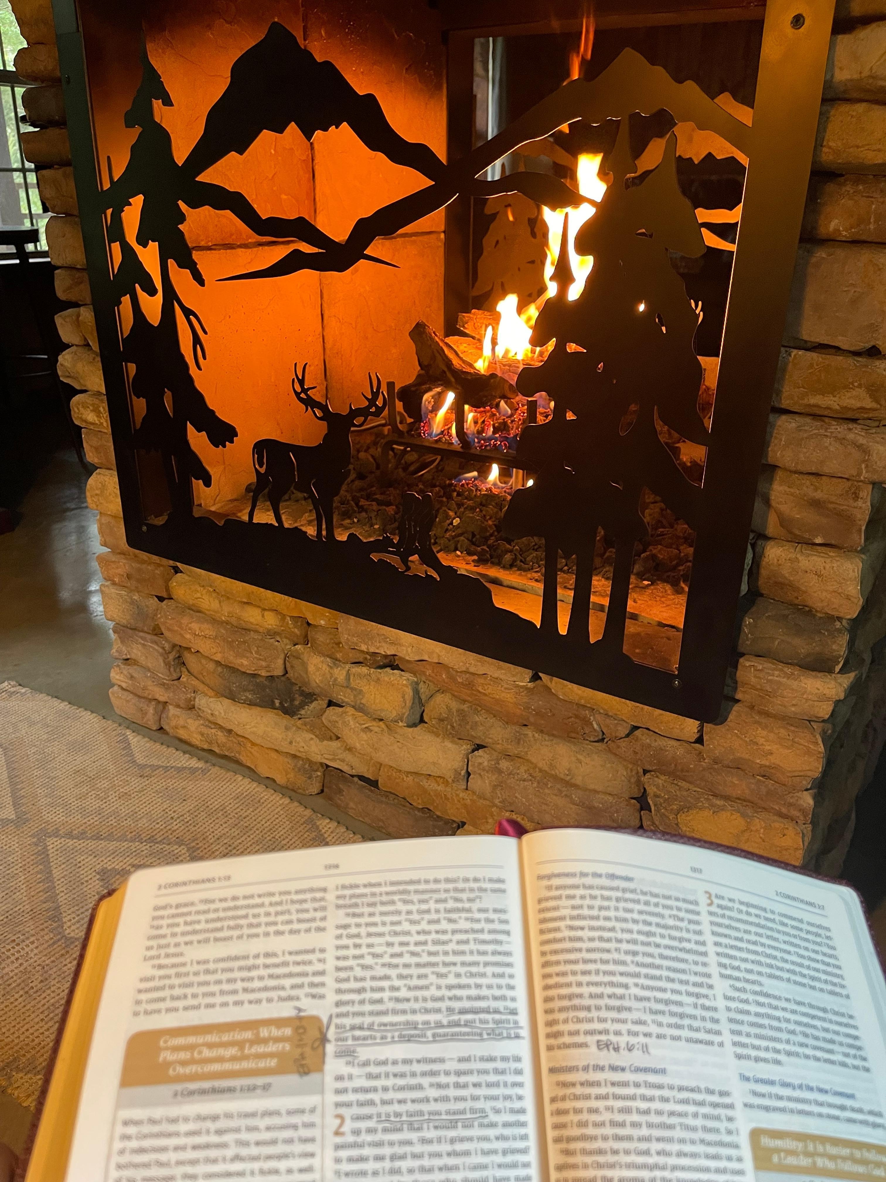 Two-way gas fireplace.