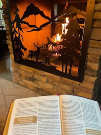 Two-way gas fireplace.