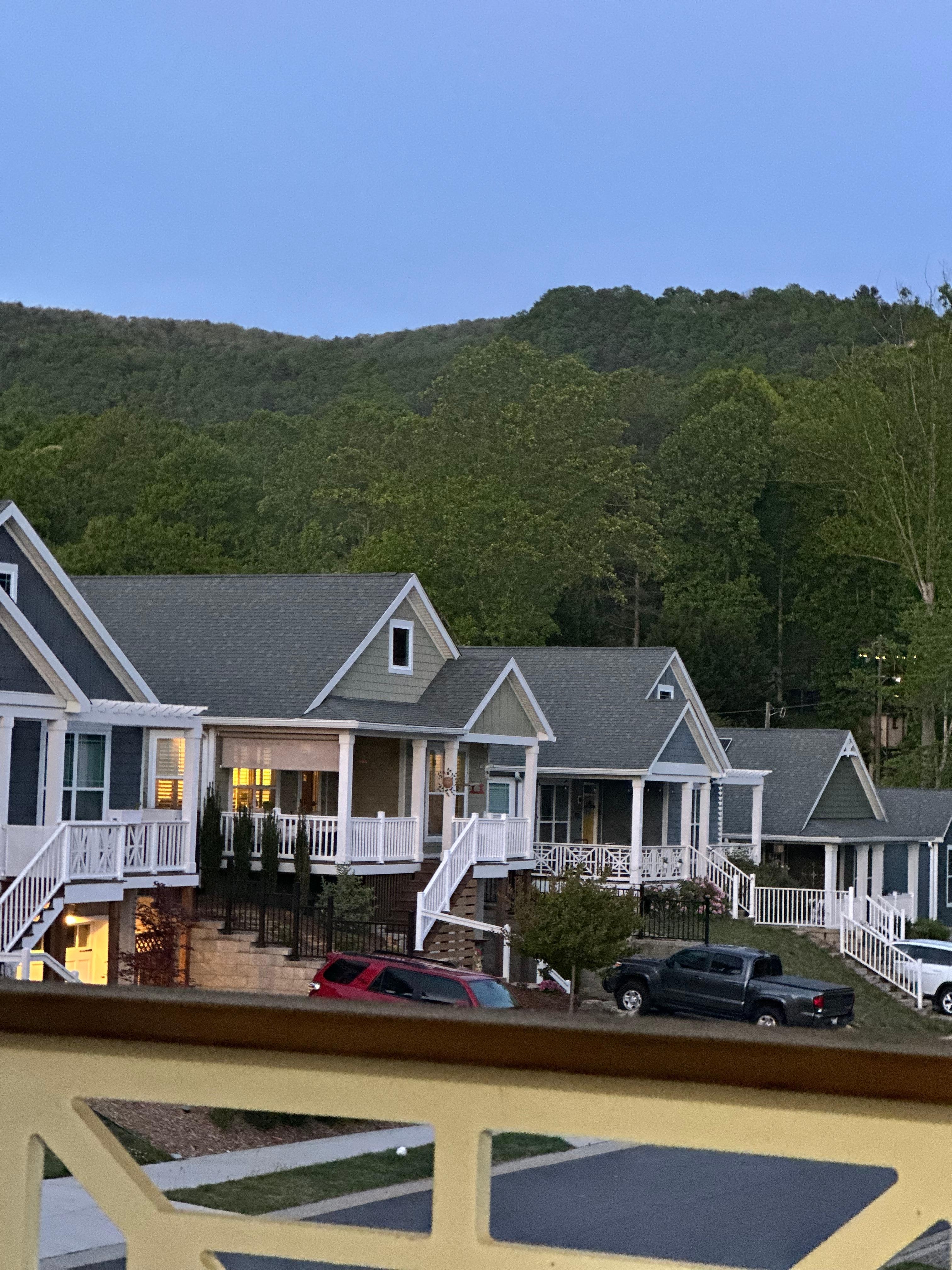 View from front porch at dusk of the mountains