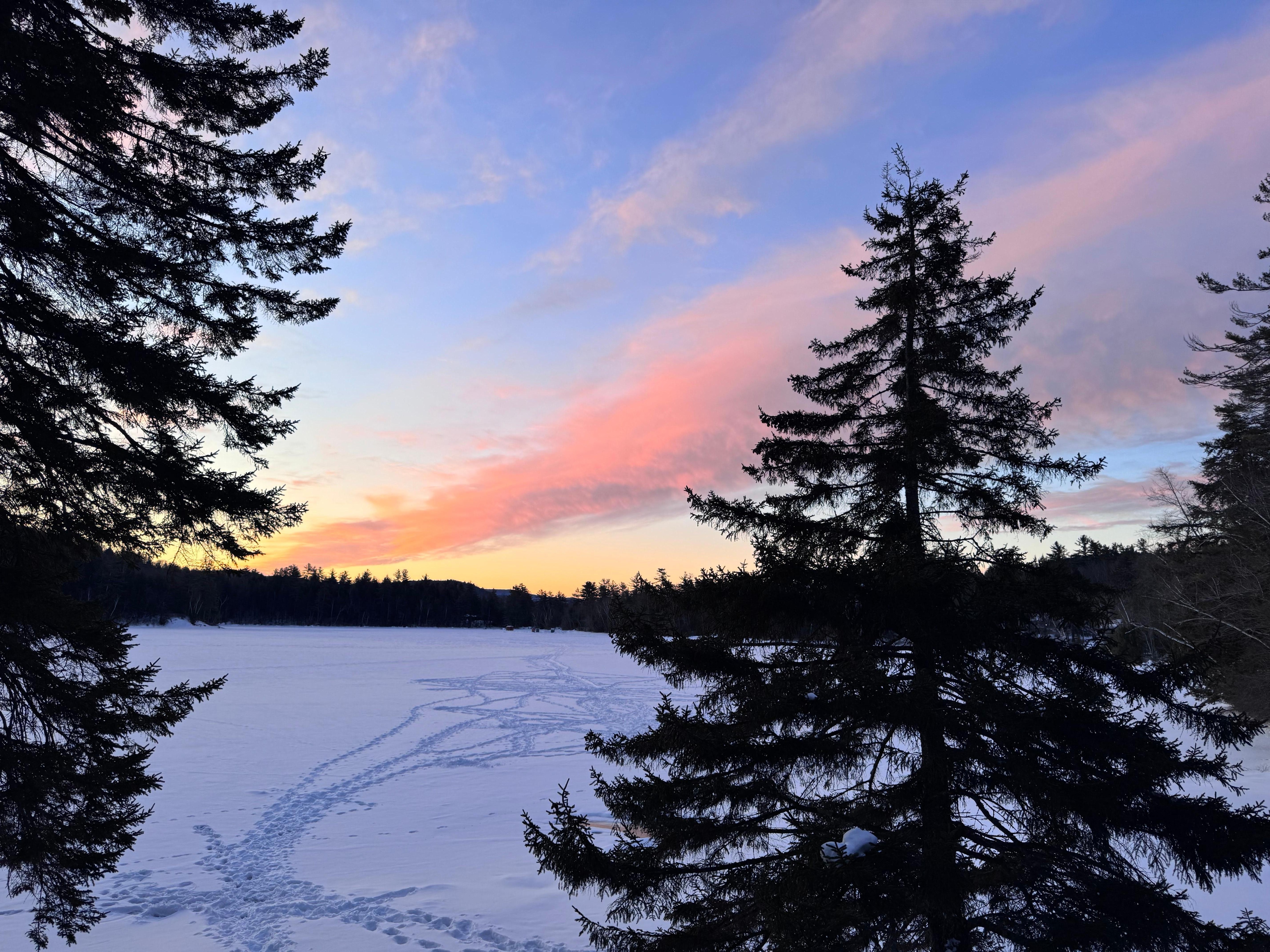 View of the lake in the winter. 