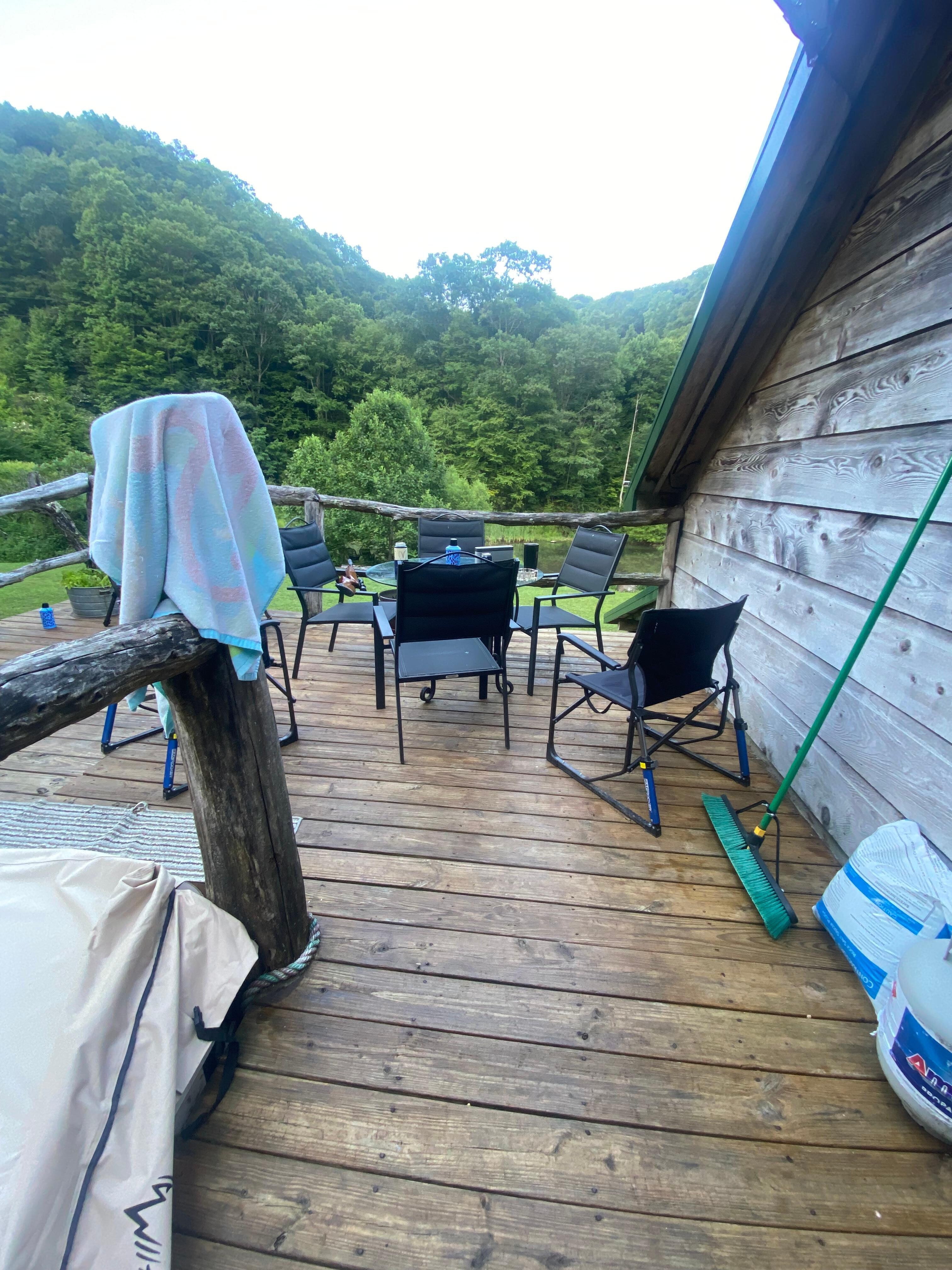 As you step outside on the deck. Hot tub is on the left. Great for star gazing