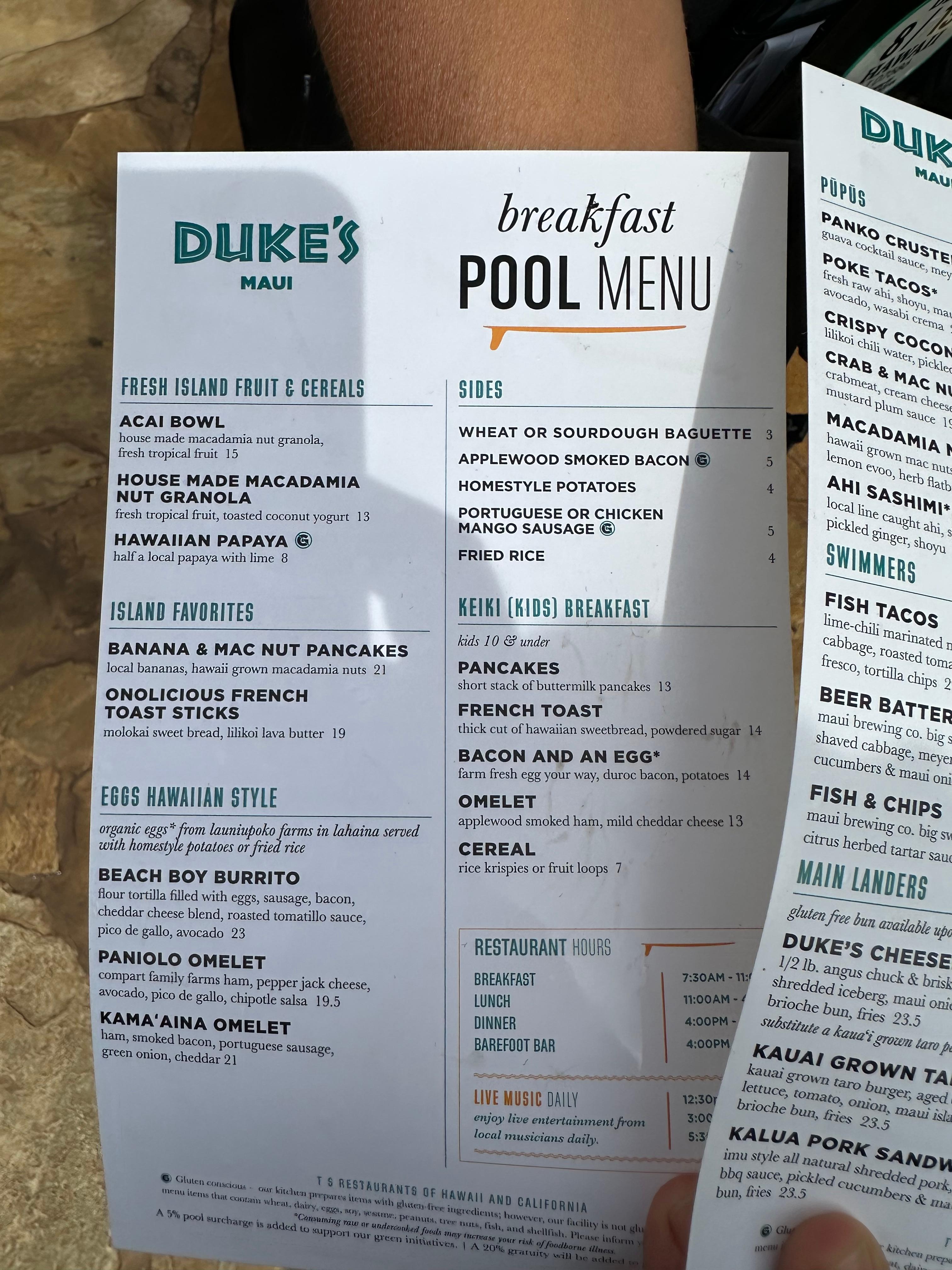 Dukes pool menu, you can order off regular menu 