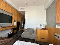 Couch, mini fridge, tv