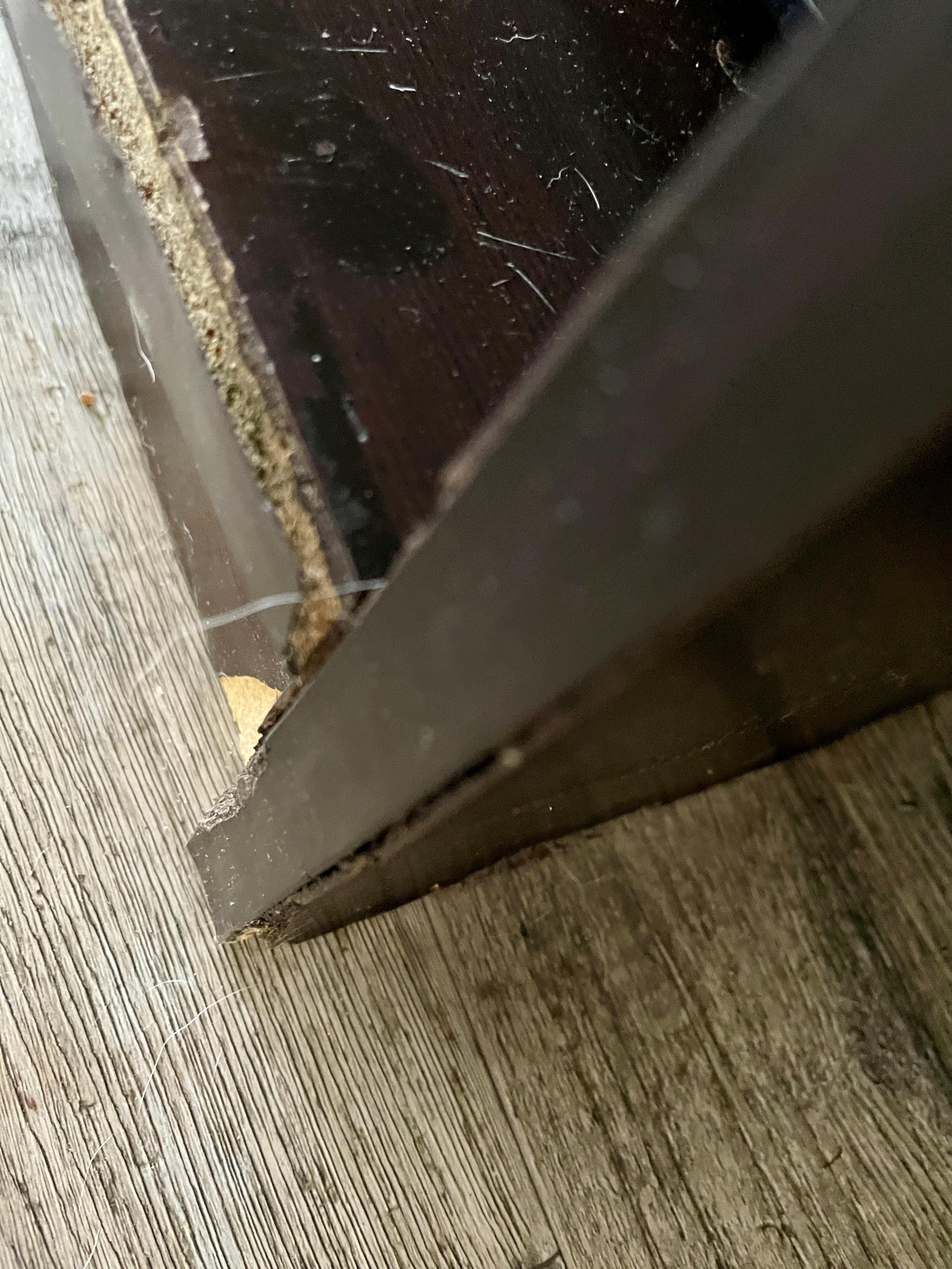 Obvious pet hair on the floor in front of and stuck on the corner of the refrigerator cabinet.