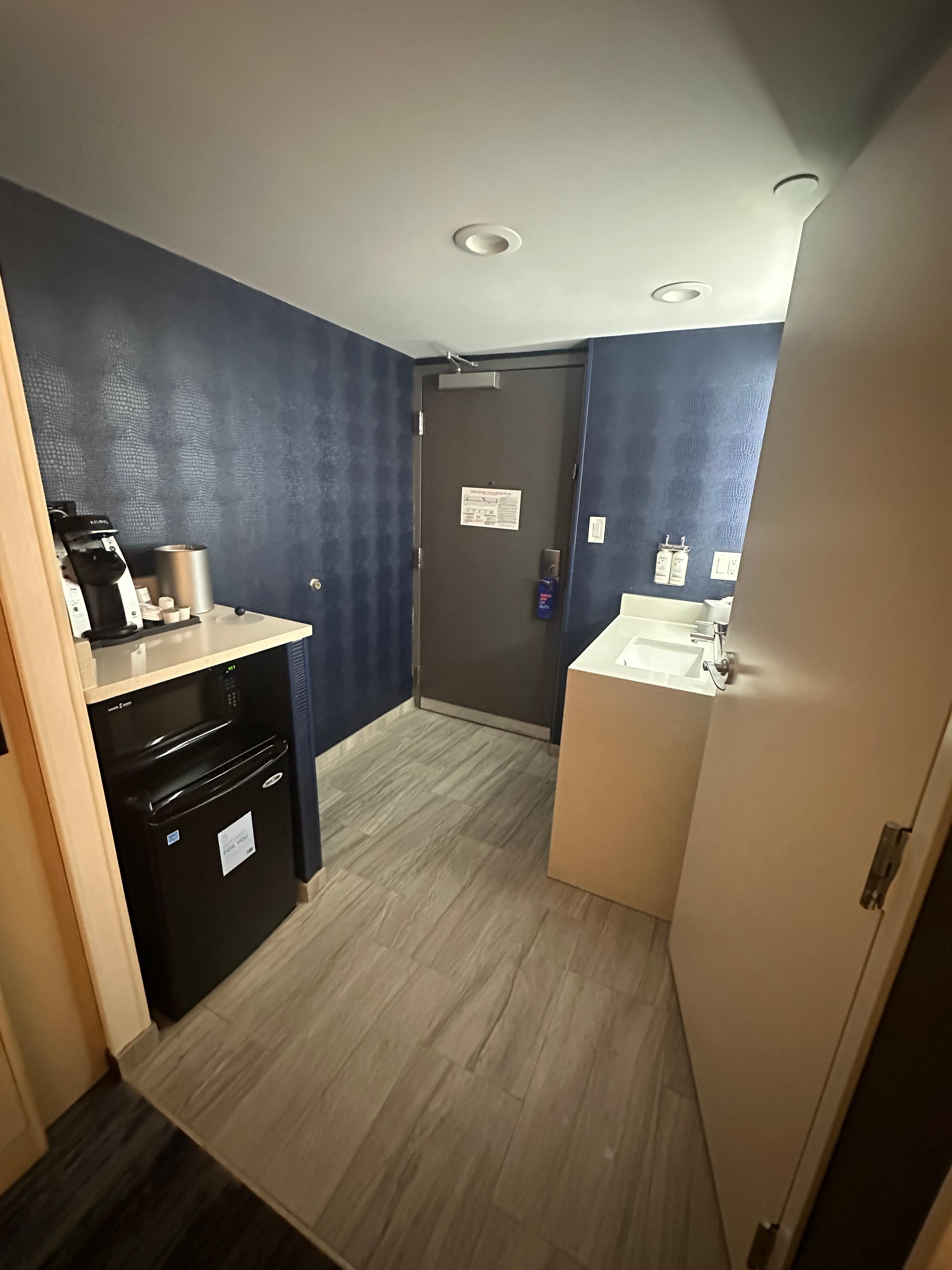 Entry way with sink, fridge and microwave. Toilet and shower in separate room to right.