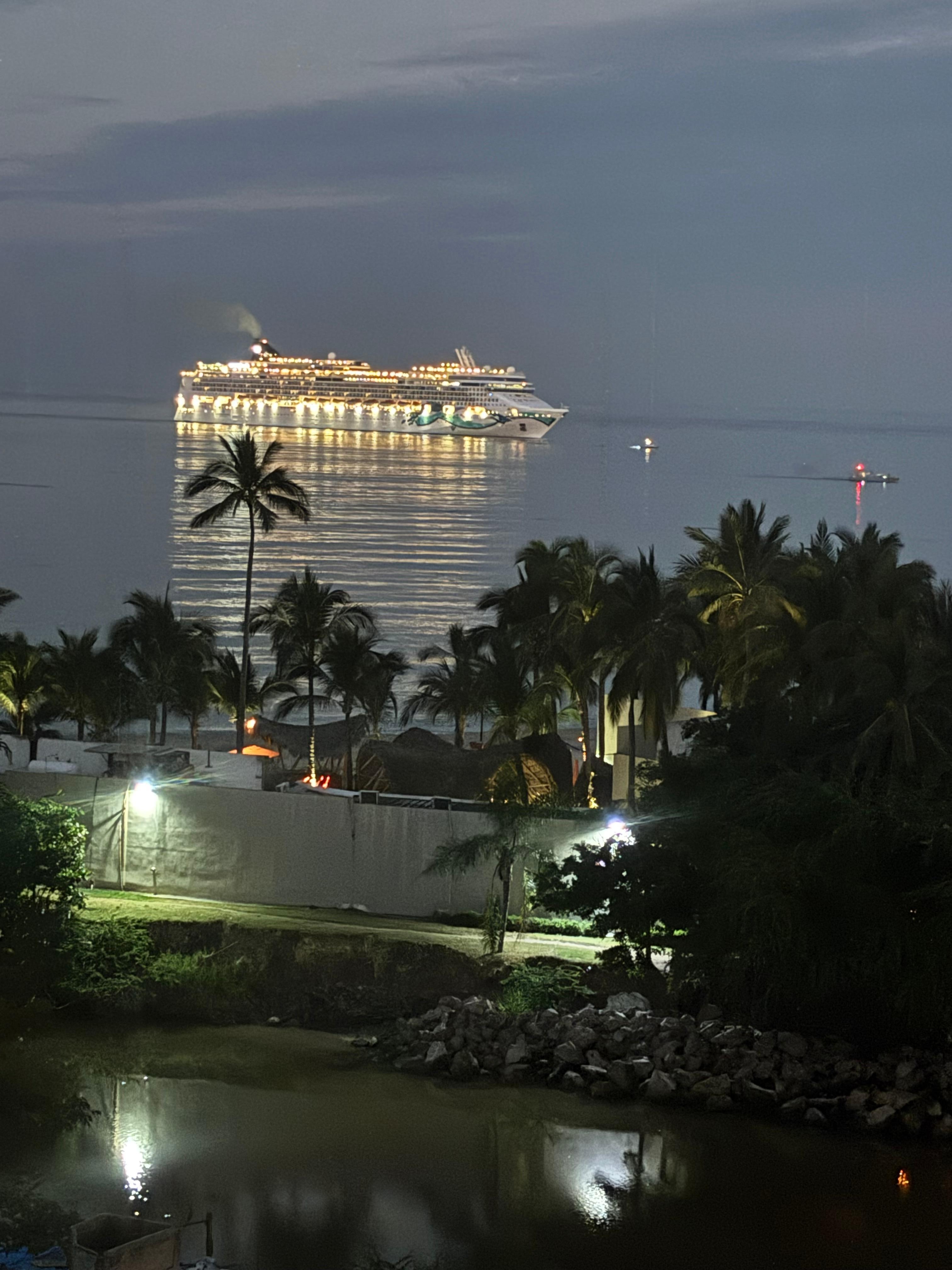 View from the patio with cruise ship coming into marina early morning. 