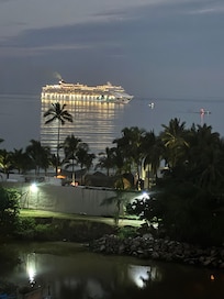 View from the patio with cruise ship coming into marina early morning.