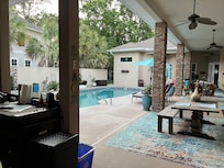 5-Ring gas cooker & full fridge/freezer to the left.