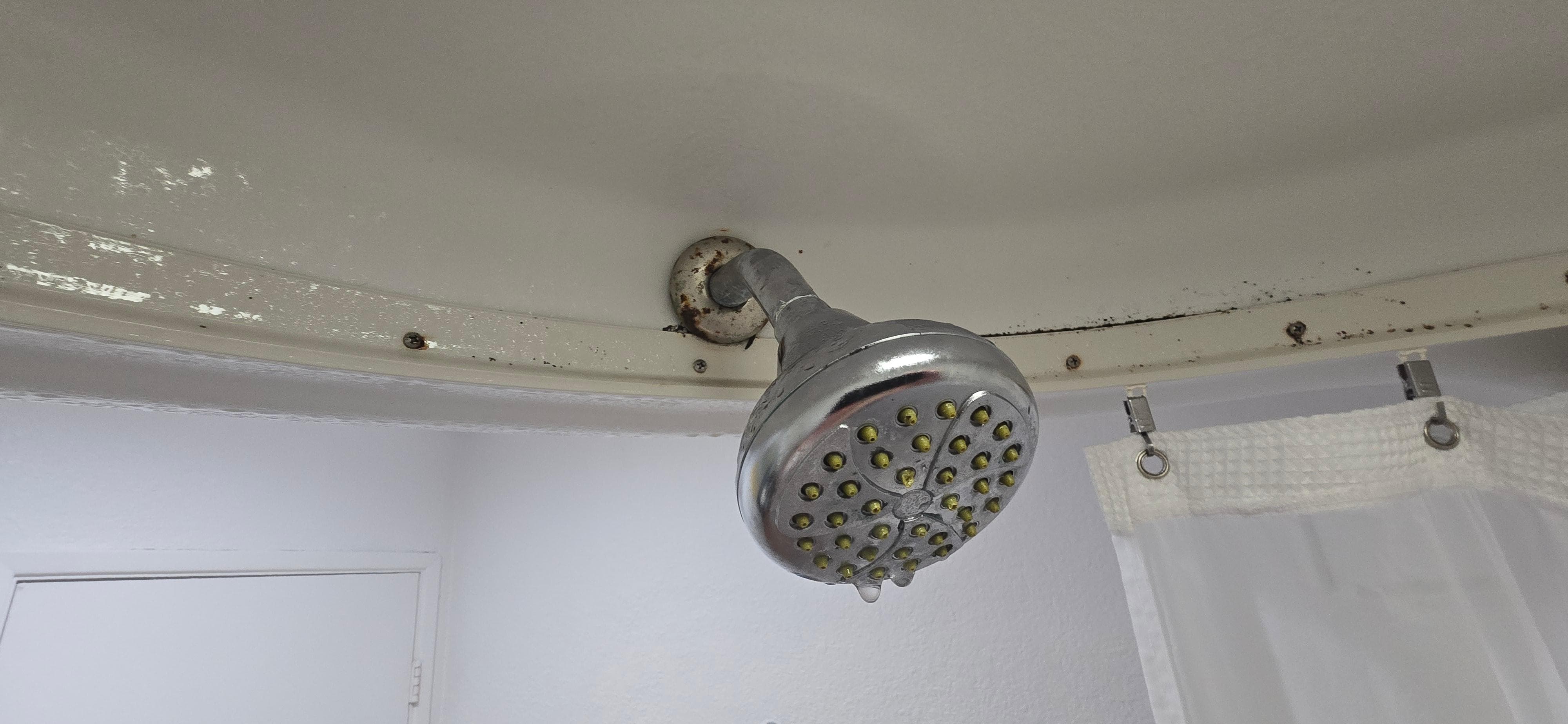 Rusted shower head and hime made curtain rings